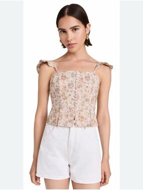 PAIGE Luce Beige Floral Ruffle Strap Cropped Top